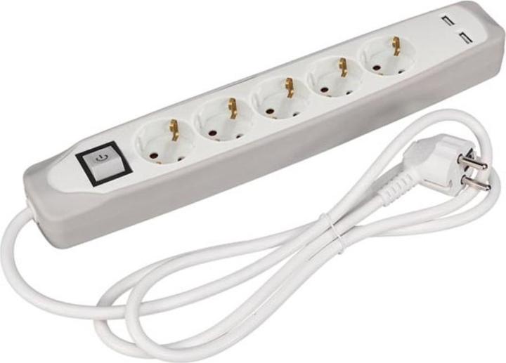 Image du produit Perel Barrette de 5 prises STECK avec interrupteur - 2 ports USB - CABLE : 1.5 m - GRIS/BLANC? - SCHUKO (5x, CEE 7/3, 1 m)
