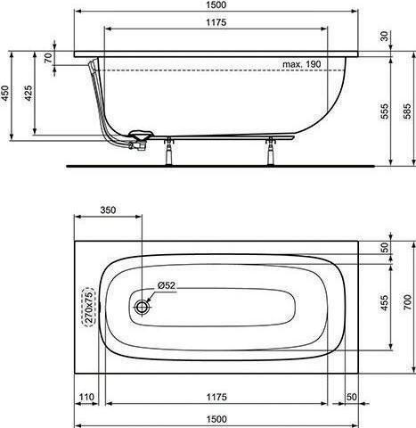 Produktbild Ideal Standard IDS Körperform-Badewanne i.life 1500x700x450mm weiss (190 l, 150 cm, 70 cm)