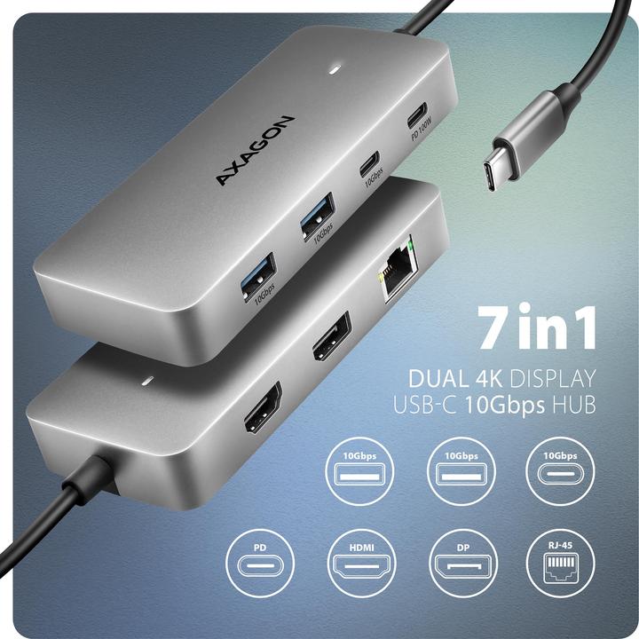Produktbild Axagon Another product HMC-CUB83X2 USB-C 10Gbps DUAL 4K DISPLAY 7in1 hub (USB-C, 7 Ports)
