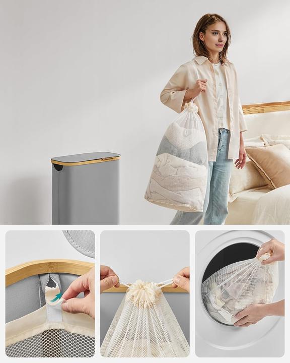Produktbild Songmics Wäschekorb zusammenklappbar mit Bambusgriffen taubengrau (65 l)