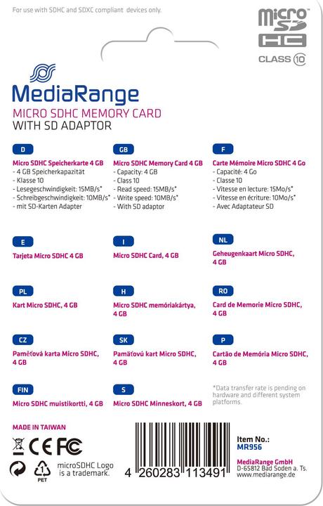Productafbeelding MediaRange MR956 (4 GB, microSDHC, U1)