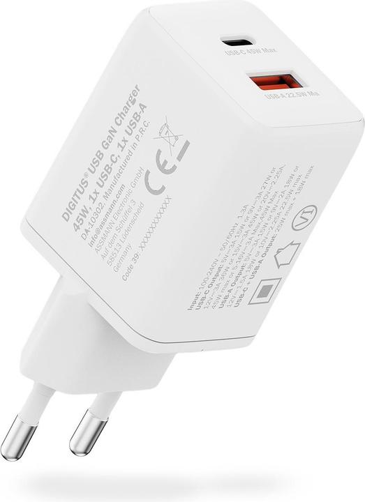 Productafbeelding Digitus USB GaN Charger 45W, 1x USB-C, 1x USB-A (45 W, 2 ports)