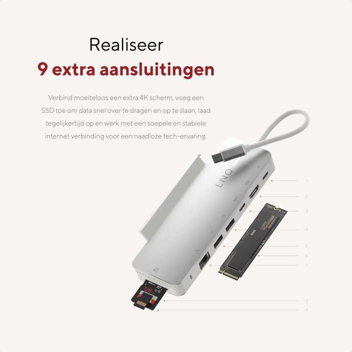 Actual product image LINQ Connects 9in1 PRO SSD 140W USB-C Multiport Hub (USB-C, 9 ports)