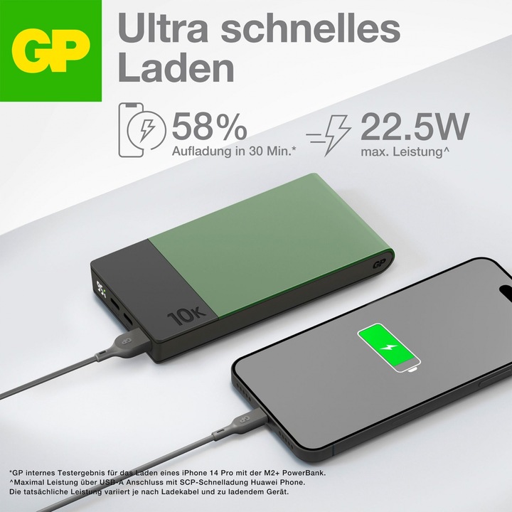 Produktbild GP Batteries GP PowerBank M2+ 10C 10000mAh 2xUSB-C/1xUSB-A grün LED-Anzeige (10000 mAh, 22.50 W, 37 Wh)