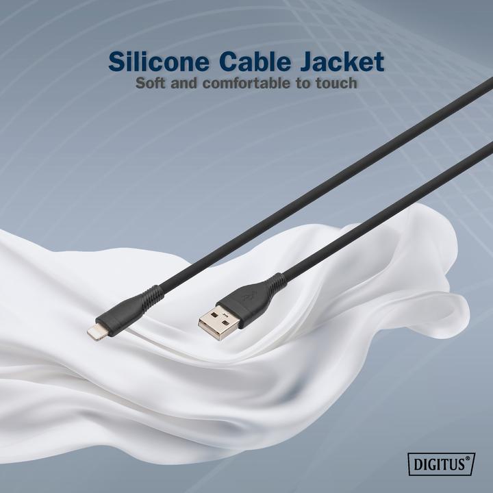 Produktbild Digitus Lightning Silikon Anschlusskabel, USB-A - Lightning 1m, schwarz (1 m, USB 2.0, 12 W)