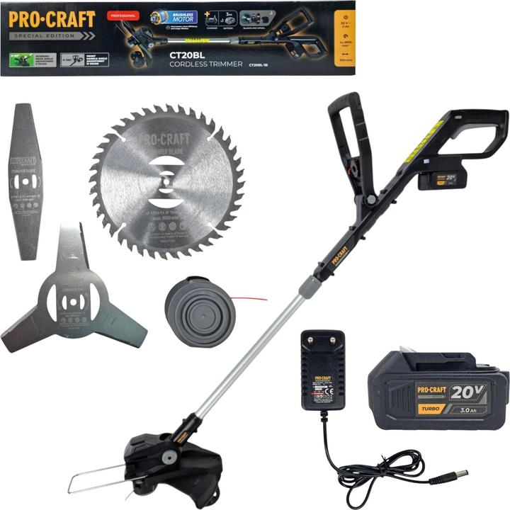 Produktbild Procraft CT20BL Akku Rasentrimmer 20 V 30 cm Brushless + 1x Akku 3,0 Ah + Ladegerät (Metallschneideblatt, Trimmfaden)