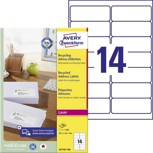 Avery, Etiketten, Recycelte Adressetiketten LR7163-100 99.1 x 38.1 mm Weiss 1400 Labels