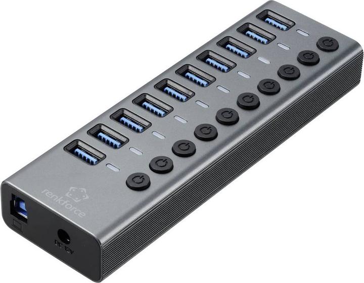 Renkforce 10-poorts USB 3.2 Gen 1 switch + hub (USB 3.0) met aluminium behuizing zilver-zwart (USB-C, 10 ports)