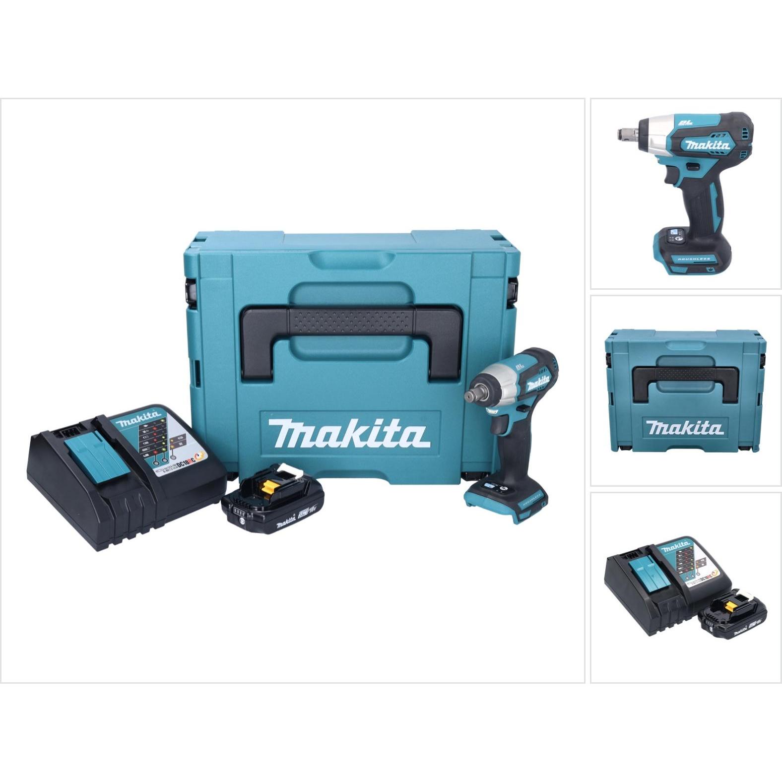 Makita, Bohrmaschine + Akkuschrauber, DTW 181 RA1J Akku Schlagschrauber 18 V 210 Nm 1/2" Brushless + 1x Akku 2,0 Ah + La...