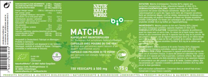 Nutritional values and ingredients NaturKraftWerke Matcha Vegicaps à 500mg organic/kbA (1 Piece, Capsules, 281 g)