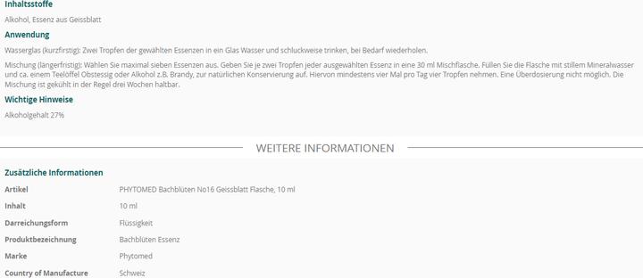 Valeurs nutritives et ingrédients Phytomed Bachblüten No16 Geissblatt (1 pièce(s), Liquide, 25 g)