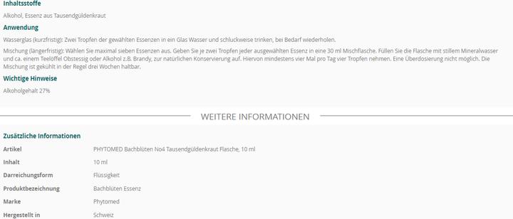 Nutritional values and ingredients Phytomed Bachblüten No4 Tausendgüldenkraut (1 Piece, Liquid, 24 g)