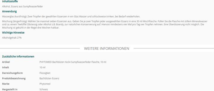 Nutritional values and ingredients Phytomed Bachblüten No34 Sumpfwasserfeder (1 Piece, Liquid, 22 g)