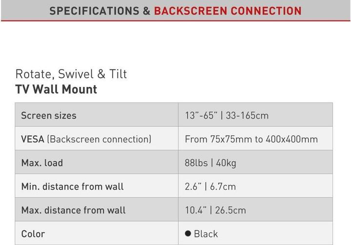 Image du produit Barkan Support mural BM331 Noir (Mur, 40 kg, 29" - 65")