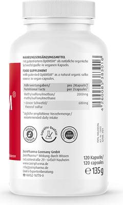 Nutritional values and ingredients Zein Pharma OptiMSM (120 Piece, Capsules, 135 g)