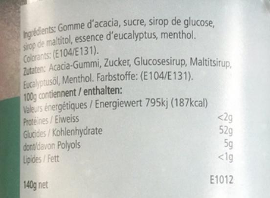 Nährwerte und Zutaten Adropharm Eukalyptus Bio reizlindernde Pastillen Pastillen (1 Stück)