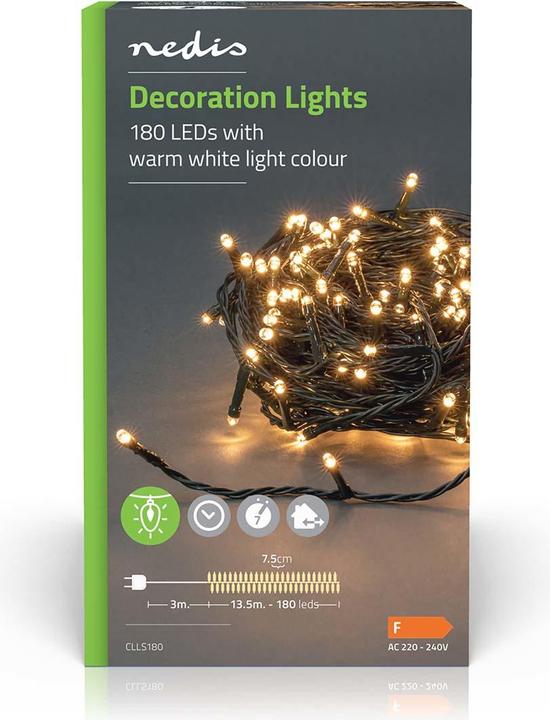 Immagine prodotto Nedis Luci decorative | Cavo | 180 LED | Bianco caldo | 13,50 m | Effetti di luce: 7 | Interno e A (13.50 m)