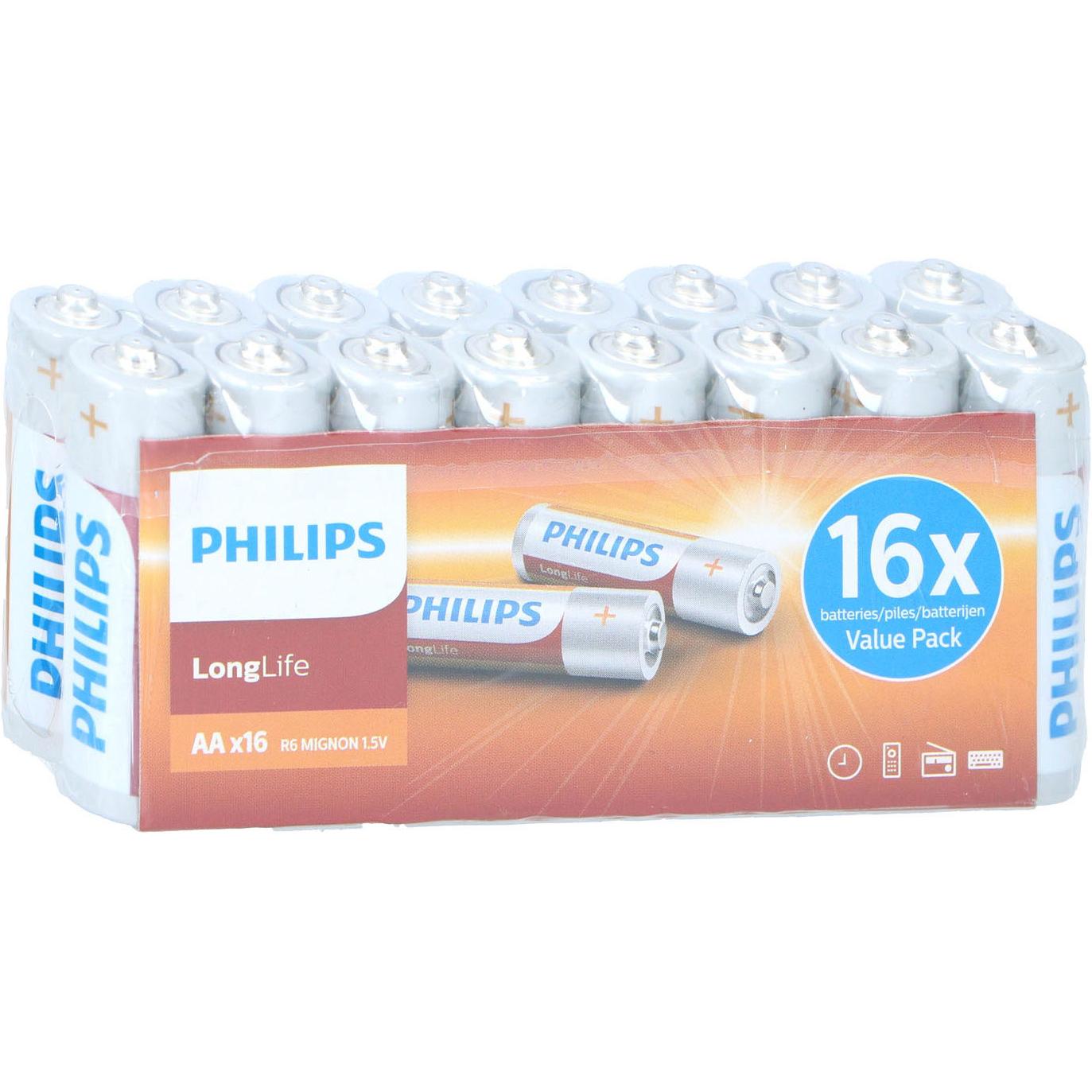 Philips Longlife AA-Batterie, 16St. (16 Stk., AA), Batterien + Akkus