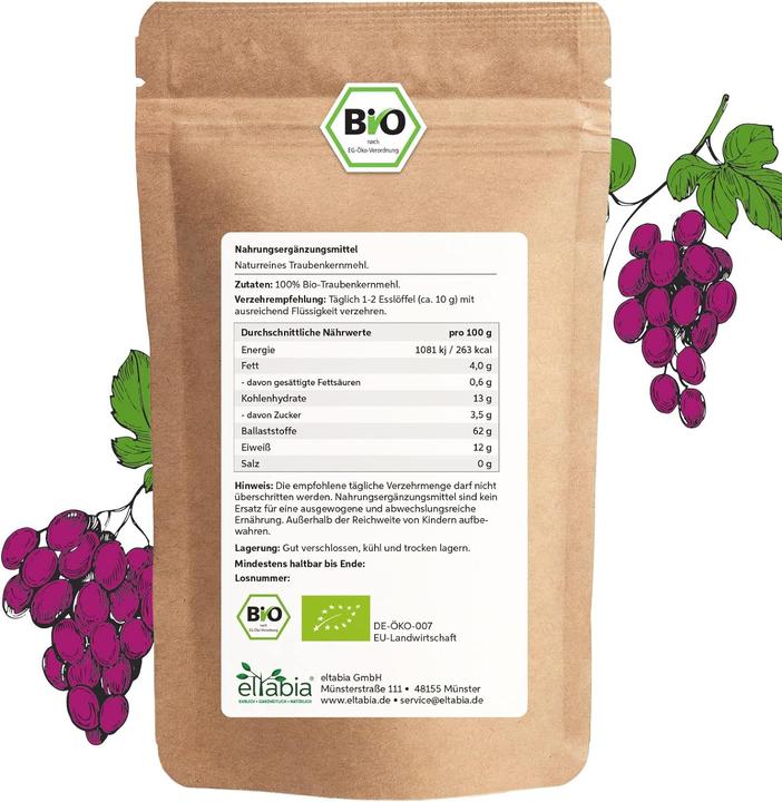 Produktbild Eltabia Bio Traubenkernmehl OPC Traubenkern Extrakt Pulver Premium Rohkost Qualität (Pulver, 100 g)