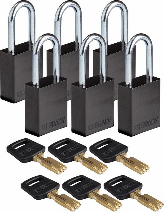 Produktbild Brady Safekey Aluminium-Vorhängeschloss mit Stahlbügel, Schwarz, 38 mm Bügelhöhe, 6.4 mm Bügeldurc