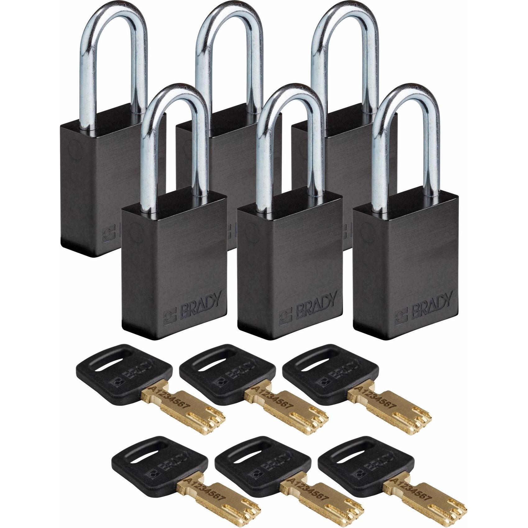 Brady, Vorhängeschloss, Safekey Aluminium-Vorhängeschloss mit Stahlbügel, Schwarz, 38 mm Bügelhöhe, 6.4 mm Bügeldurc
