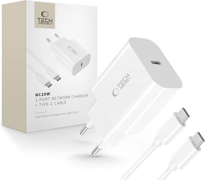 Produktbild Tech-Protect NC20W PD20W USB-C wall charger with USB-C cable - white (20 W, 1 Port)