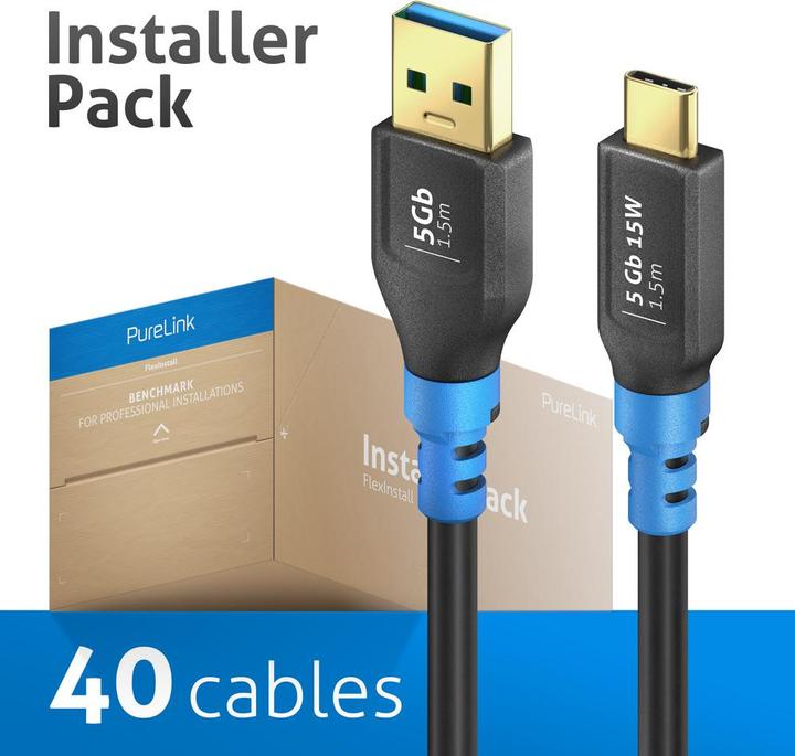 Produktbild Purelink FlexInstall USB-C auf USB-A Kabel USB 3.0 5Gbps 1.50m - Installer Pack 20 stk. (1.50 m, 15 W)