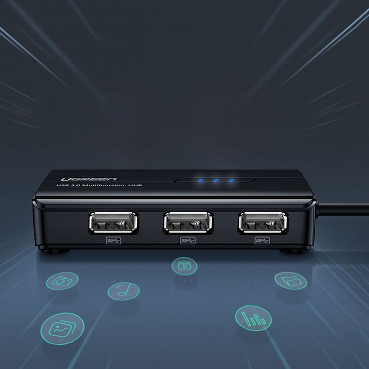 Produktbild Ugreen USB 2.0 Hub RJ45 Ethernet Adapter 3+1 Port USB 2.0-Hub Schwarz (USB-A, 3 Ports)