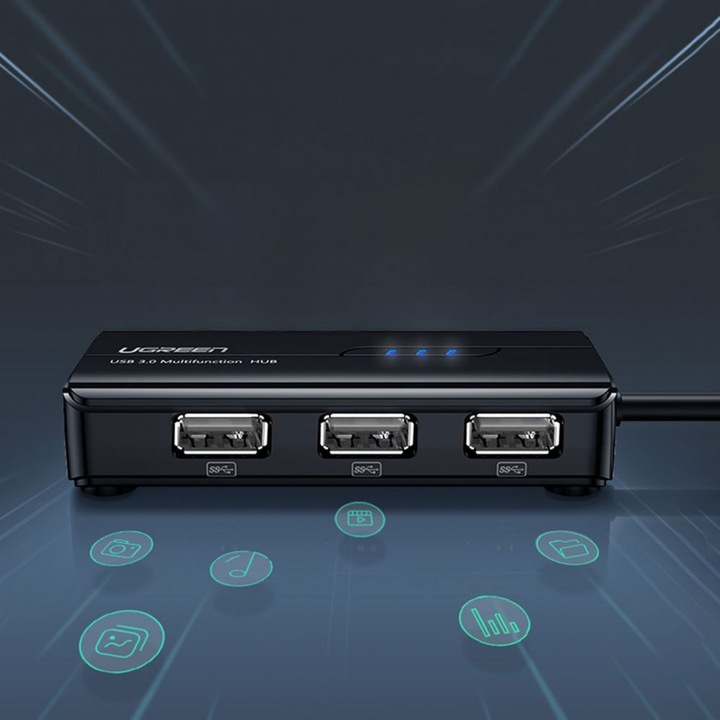 Actual product image Ugreen USB 2.0 Hub RJ45 Ethernet Adapter 3+1 Port USB 2.0 Hub Black (USB-A, 3 Ports)