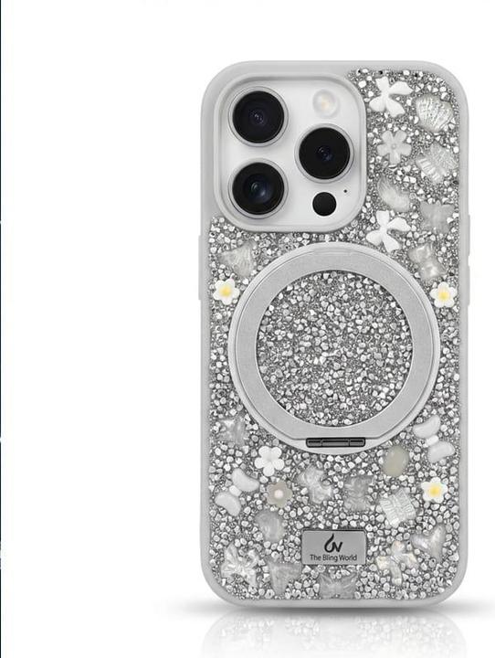 Image du produit Bling World iPhone 14 Pro Max - TheBlingWorld Glitter MagSafe Case mit Ring-Ständer & Strass-Steinen, Silber (Apple iPhone 14 Pro Max)