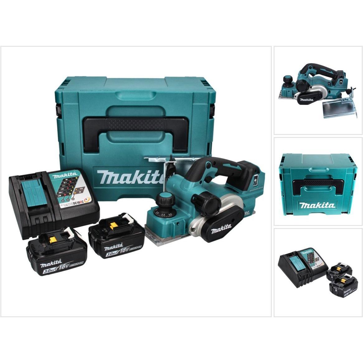 Makita, Hobelmaschine, DKP 181 RFJ Akku Hobel Falzhobel 82 mm 18 V Brushless + 2x Akku 3,0 Ah + Ladegerät + Makpac