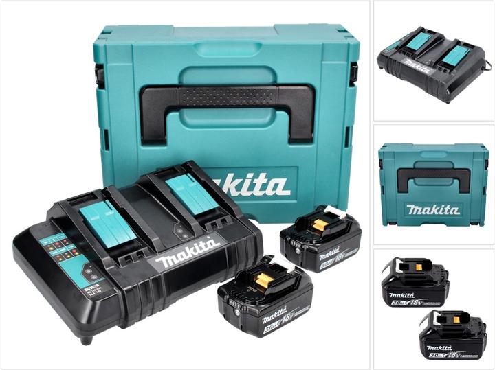 1x Makita DC 18 SH double charger 2x 14.4 V 2x 18 V ( 36 V ) LXT ( 199687-4 ), 2x Makita BL 1830 B 18 V 3.0 Ah battery ( 197599-5 ), 1x Makpac, 1x universal insert