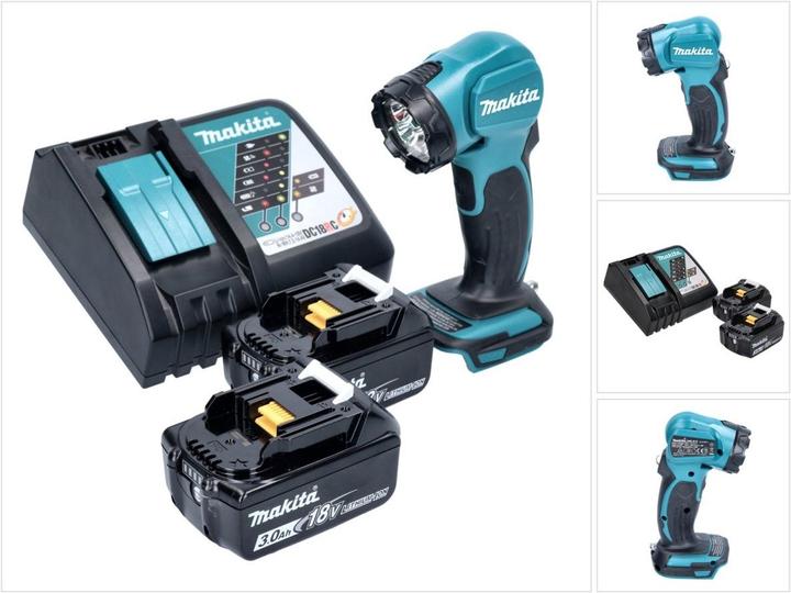 1x Makita DEADML 815 LED Akku Handleuchte, 2x Makita BL 1830 B 18 V 3,0 Ah Akku, 1x Makita DC 18 RC Ladegerät