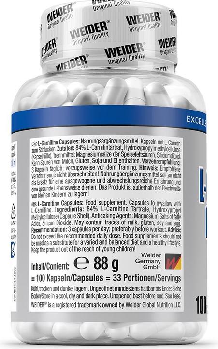 Nutritional values and ingredients Weider BodyShaper L-Carnitine Caps (100 Caps) (100 Piece, Capsules)