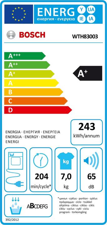 Energie-Label Bosch Hausgeräte WTH83003 (7 kg, Rechts)