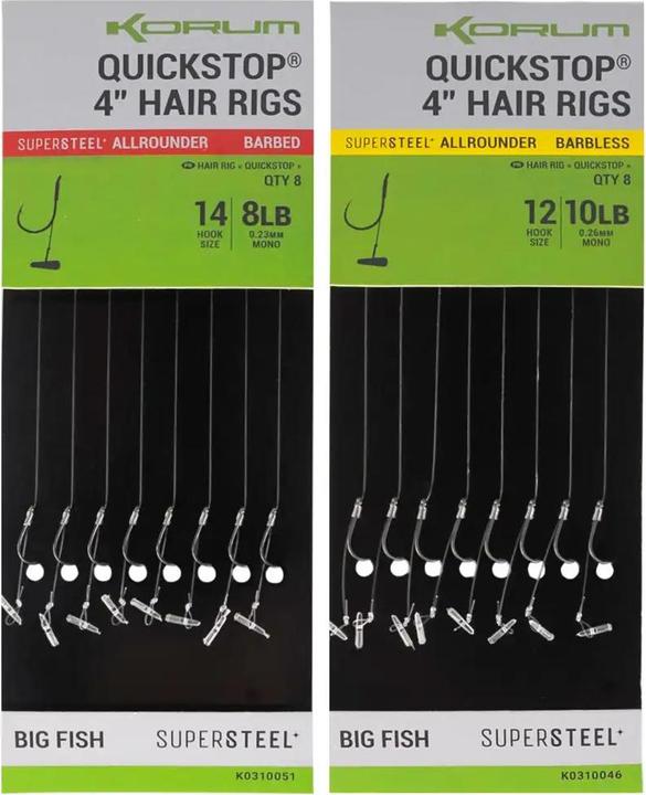 Korum hooks 4 big fish hair rigs w/quickstops barbed (x8)