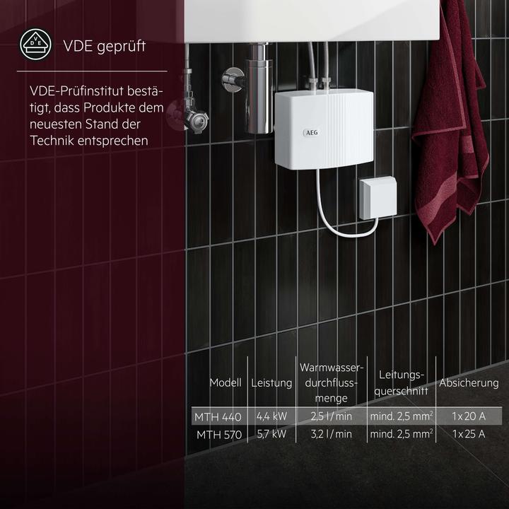 Produktbild AEG Haustechnik Klein-Durchlauferhitzer MTH 440 fürs Handwaschbecken, 4,4 kW, Festanschluss 230V, drucklos, VDE