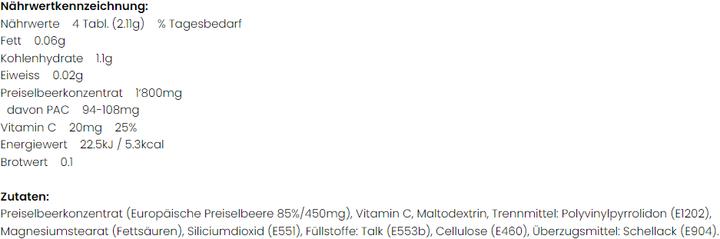 Nutritional values and ingredients Sananutrin f Cranberry concentrate with Vit. C (300 Piece, Pills, 182 g)