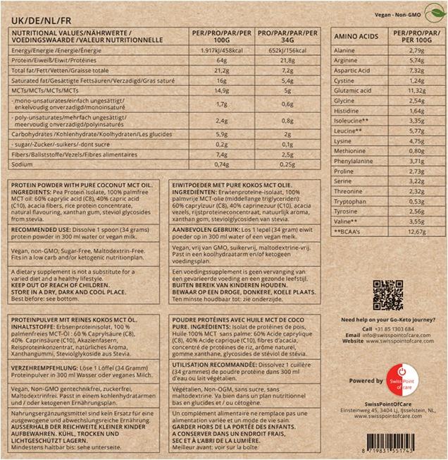 Valeurs nutritives et ingrédients Go-Keto Poudre de MCT Shake protéiné (1 pièce(s), Poudre, 400 g)