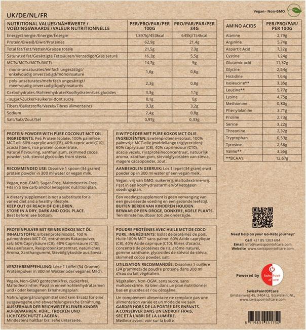 Nutritional values and ingredients Go-Keto MCT Powder Vegan Protein Keto Shake Chocolate 400gr (Powder, 520 g)