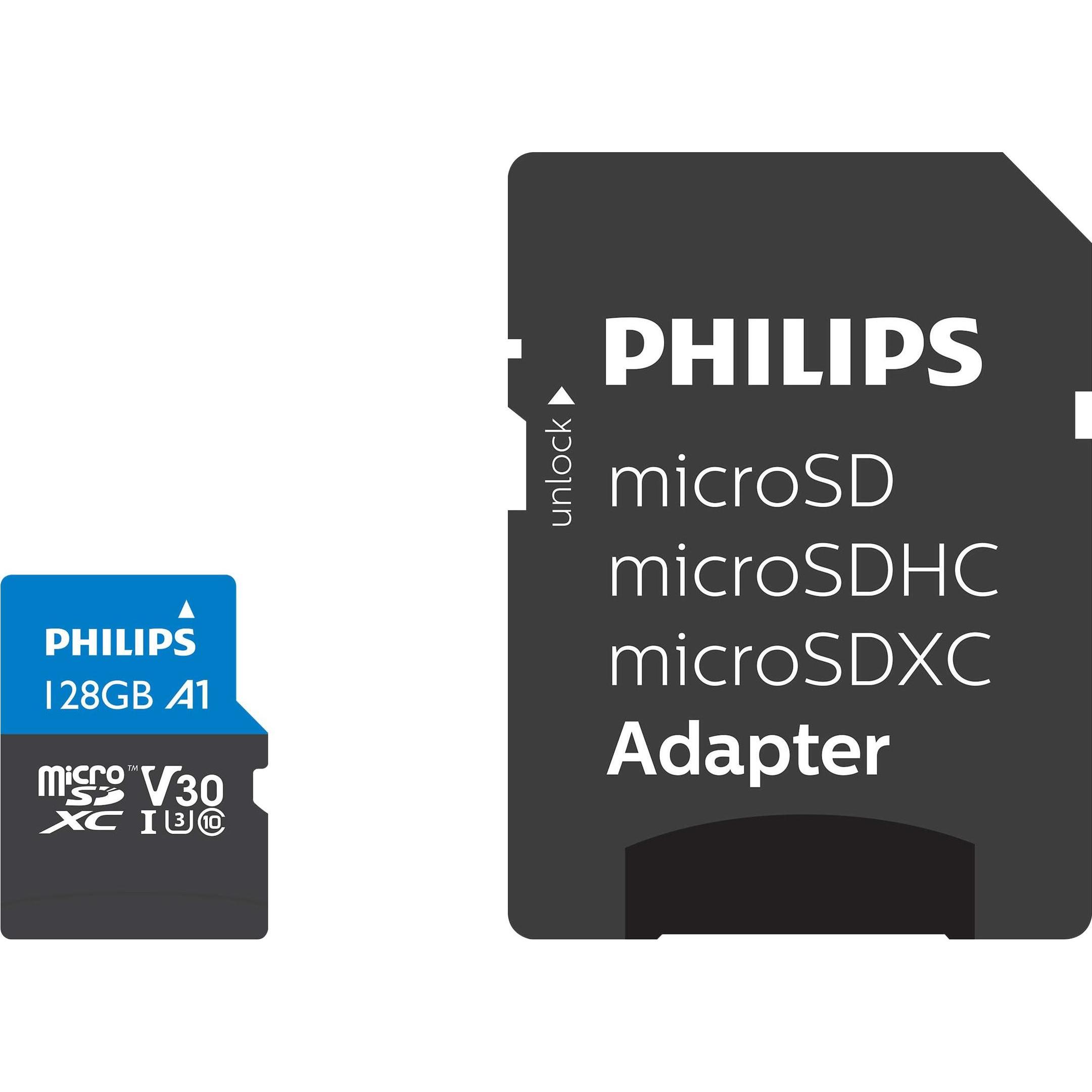 Philips MicroSDXC Classe 10 UHS-I U3 con adattatore (128 GB, microSDXC, U3, UHS-I), Scheda di memoria, Nero