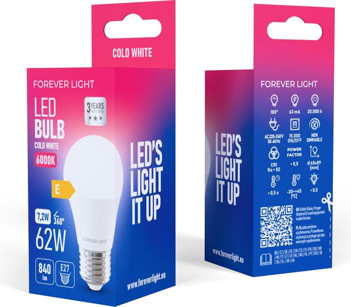 Image du produit Forever Light LED Bulb E27 G45 7.2W 840lm 6000K class E (E27, 840 lm, 100x)