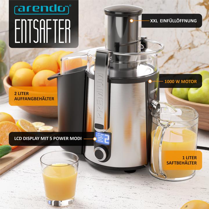Produktbild Arendo Zentrifugalentsafter,1000W, BPA Frei, Edelstahl, XXL-Einfüllschacht, Programme, Display, Tropfstopp