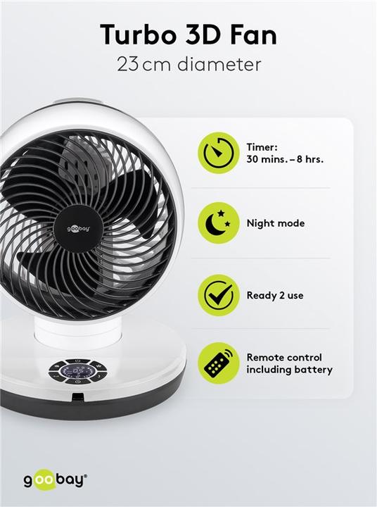 Actual product image Goobay 9 inch 3D floor fan with remote control and timer (67 dB)
