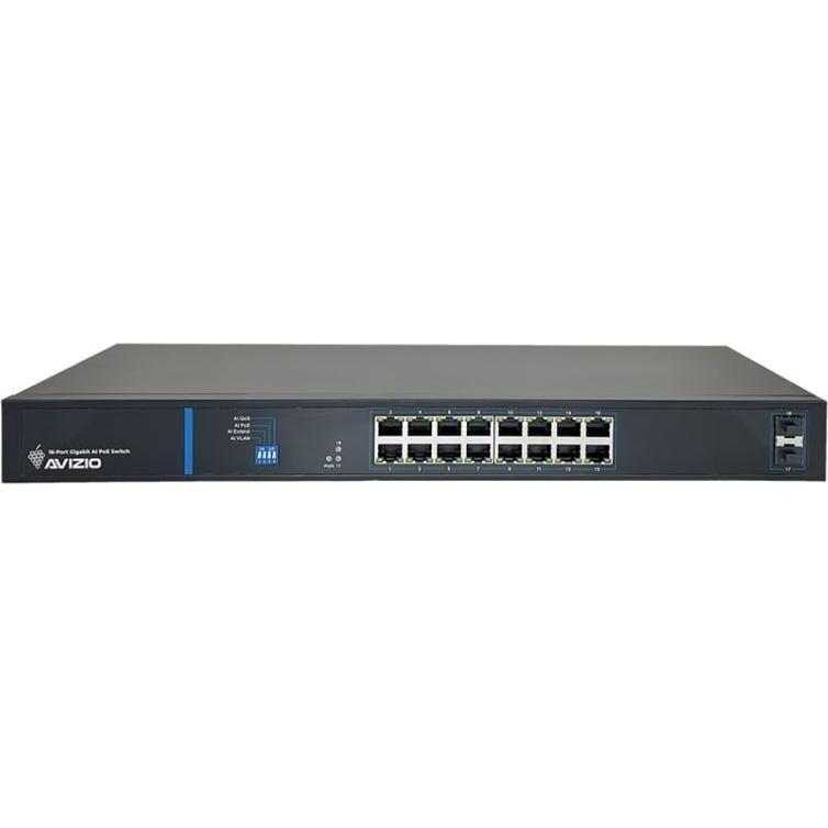 Avizio Switch 16x RJ45 PoE 1Gb/s + 2x SFP Uplink 1Gb/s (16 Ports), Netzwerk Switch, Schwarz