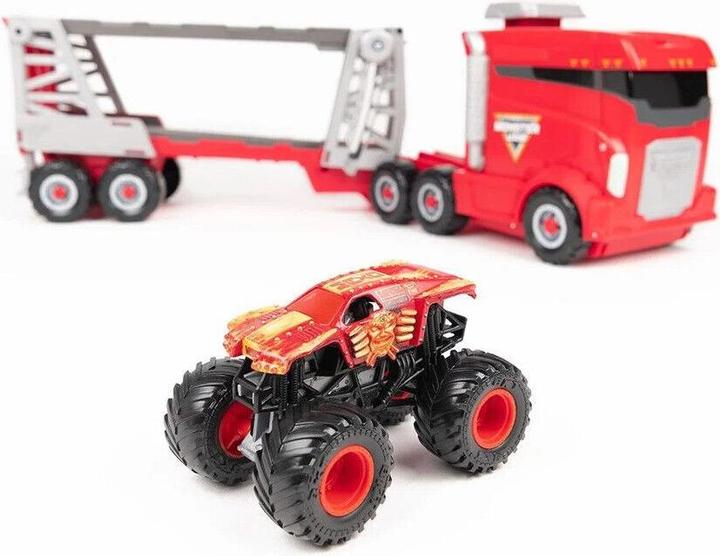 Actual product image Spin Master Monster Jam, Official 2-in-1 Launch N' Go Hauler playset with storage space, includes Monster Truck