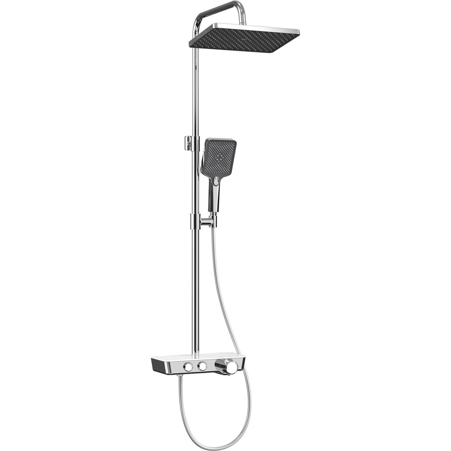 Emke, Duschsystem, Duschsystem mit 38℃ Thermostat Duschsäuleset, Kopfbrause + Handbrause + Glasablage, Chrom