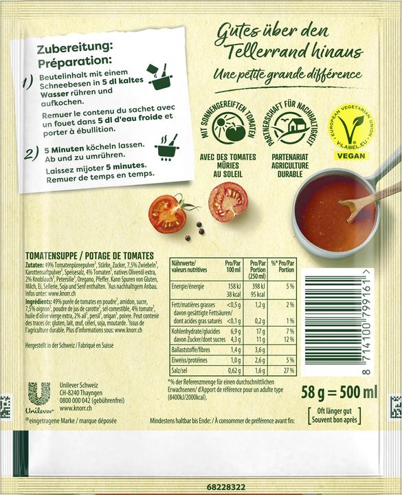 Nährwerte und Zutaten Knorr 100% Natürlich Tomatensuppe Beutel Suppe mit Tomatenstücken, Petersilie und Oregano