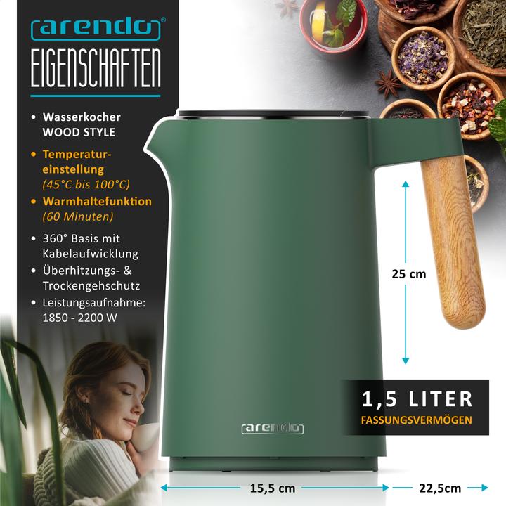 Produktbild Arendo Wasserkocher mit Temperatureinstellung 40–100 °C, Edelstahl, 1,5 L, Doppelwand, Anzeige, 2200 W (1.50 l)