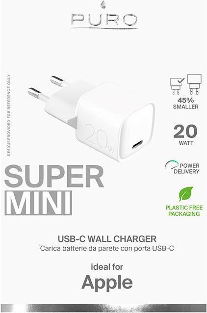 Actual product image Puro Super Mini wall charger 20W, USB-C, data transfer, fast charging, white (20 W)